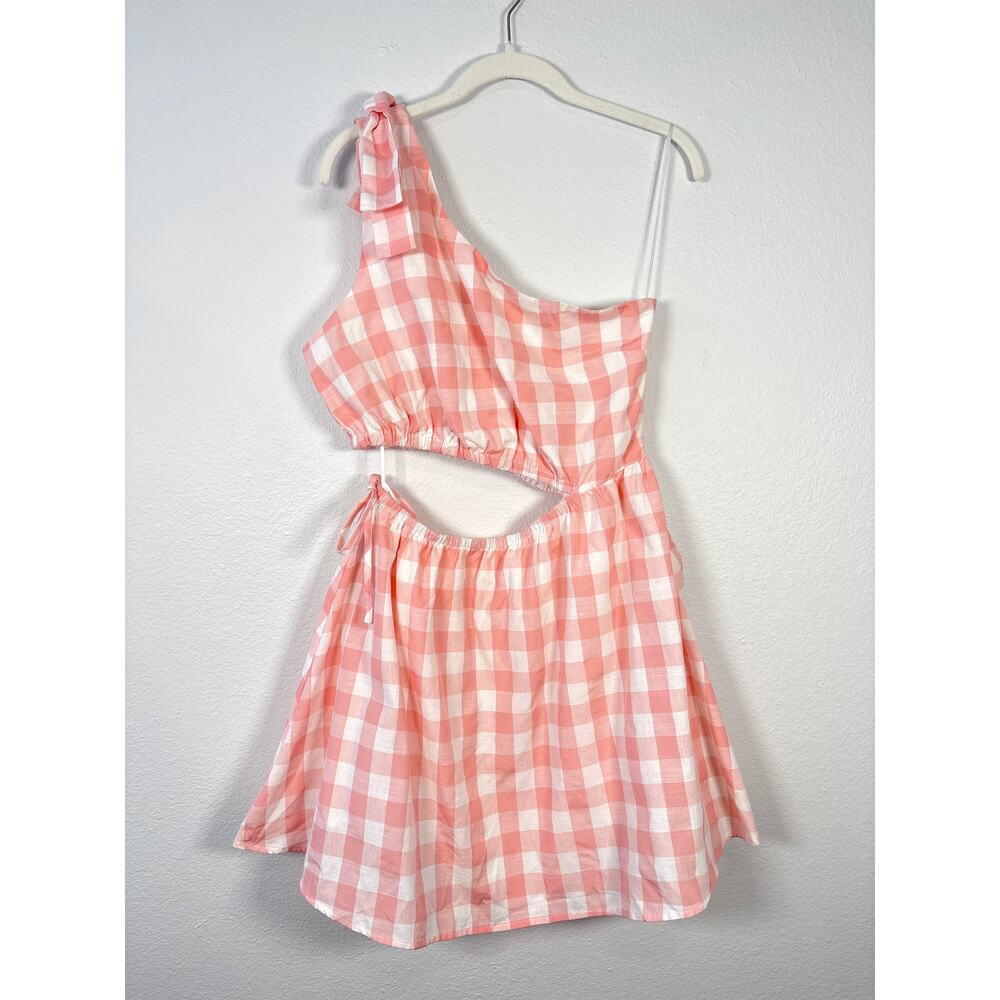 Vici Girly Pink Plaid Bow Detail One Shoulder Cut Out Waist A Line Mini Dress